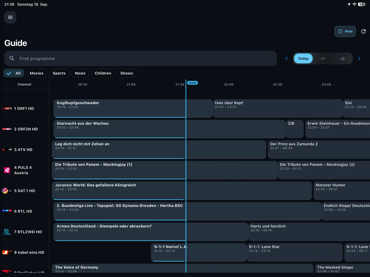 Der PlayTVH-TV-Guide auf dem iPad mit dem Programm mehrerer Sender.