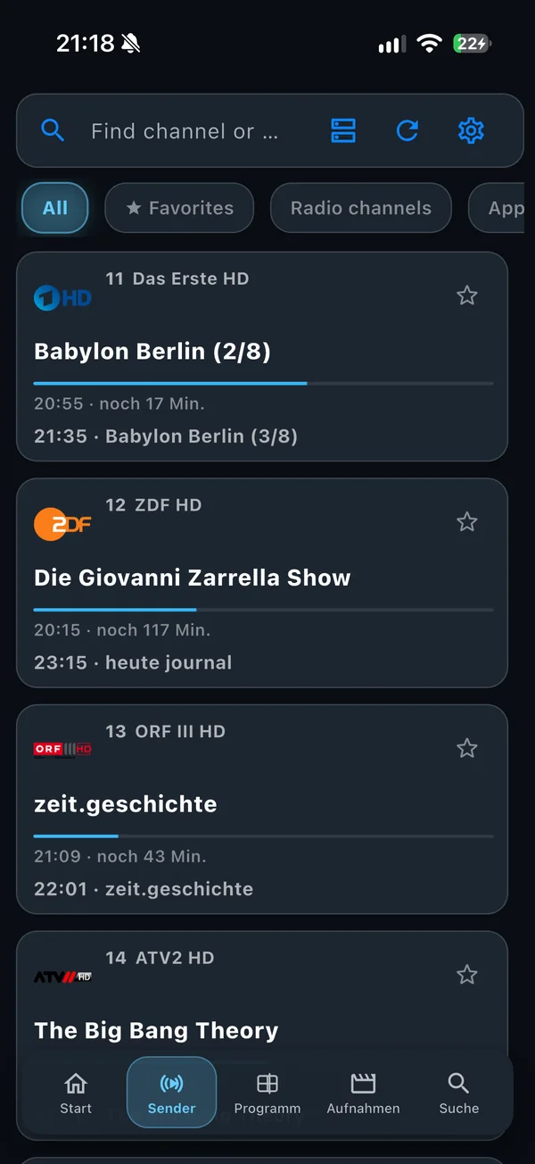 Die PlayTVH-Senderübersicht auf dem iPhone.