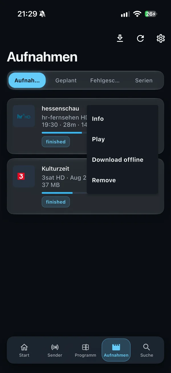PlayTVH-Aufnahmen auf dem iPhone mit der Aktion Offline herunterladen.