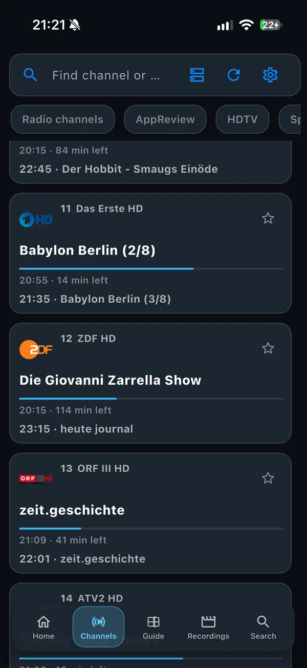 PlayTVH channel list on iPhone.