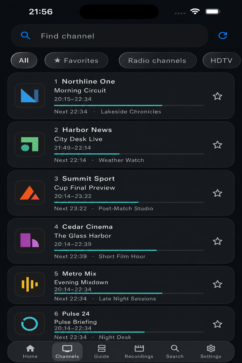 PlayTVH channels list with now and next programmes